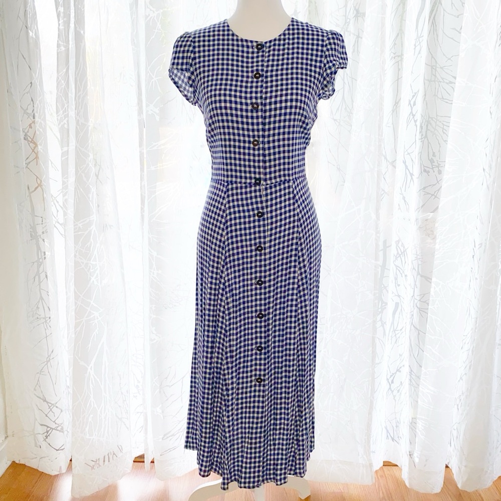 REFORMATION Fauna Blue White Gingham cap sleeve Button Down Dress